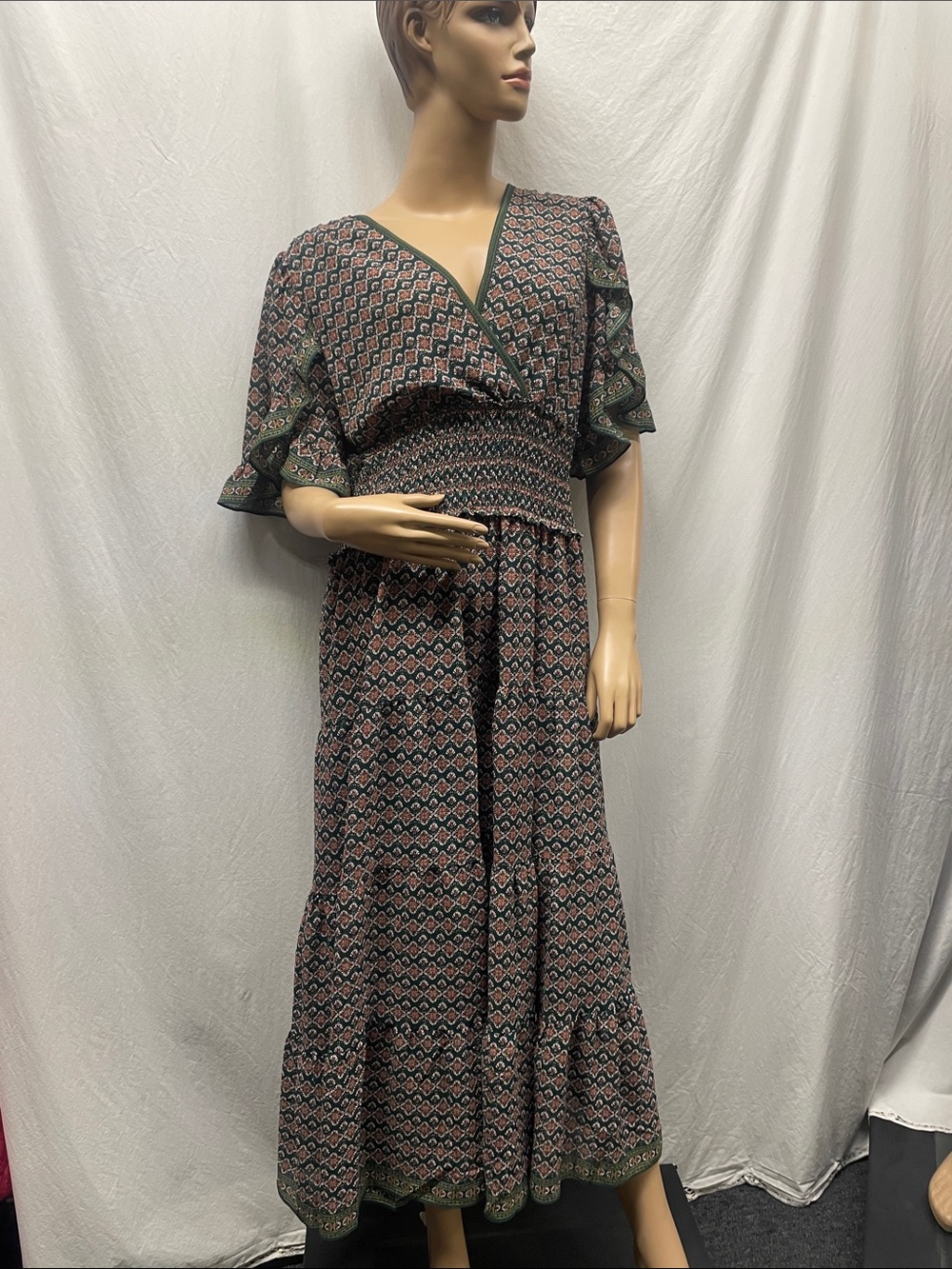 Max Studio London Women's Green & Rust Floral Tiered Maxi Dress NWT